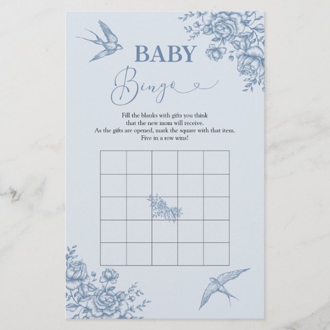 Lámina Dusty Blue Chinoiserie Baby Shower Bingo (Anverso)