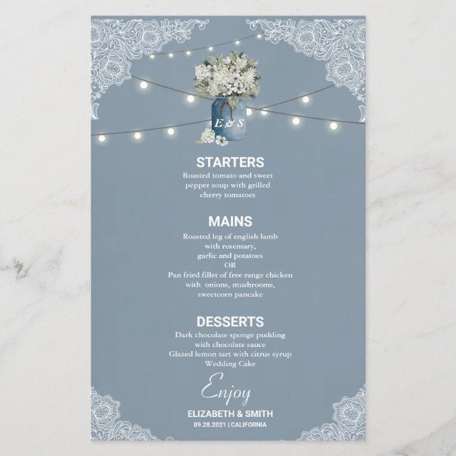 Lámina Dusty Blue Country Boda de encaje blanco combinado (Anverso)