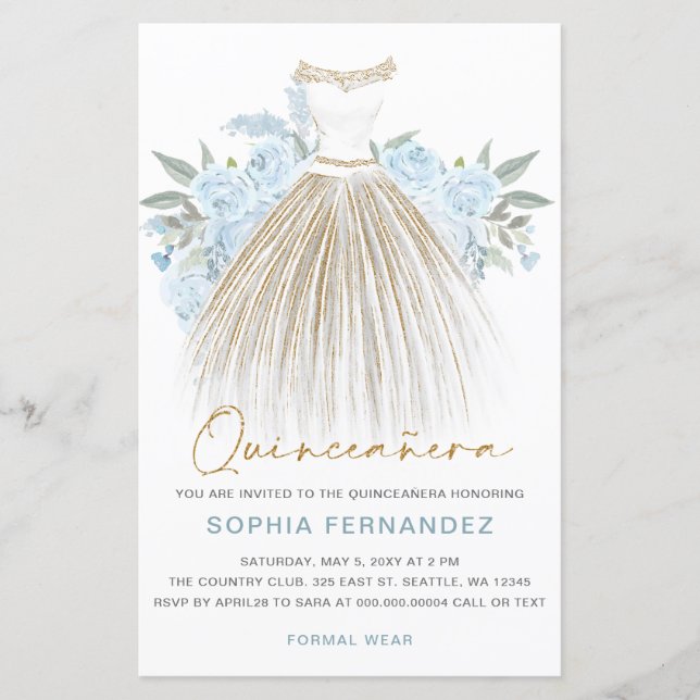 Lámina Dusty Blue Dress Quinceañera Invite (Anverso)