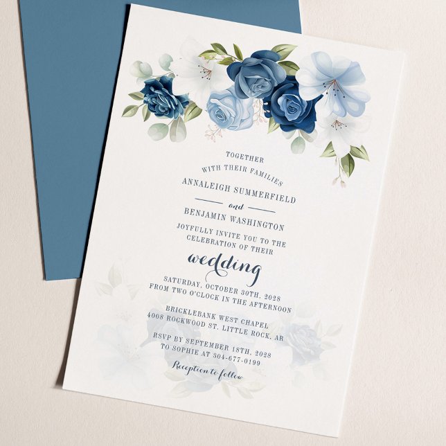 Lámina Dusty Blue Floral Boda de Verdor Botánico (Dusty Blue Floral Elegant Script Wedding Invitation)