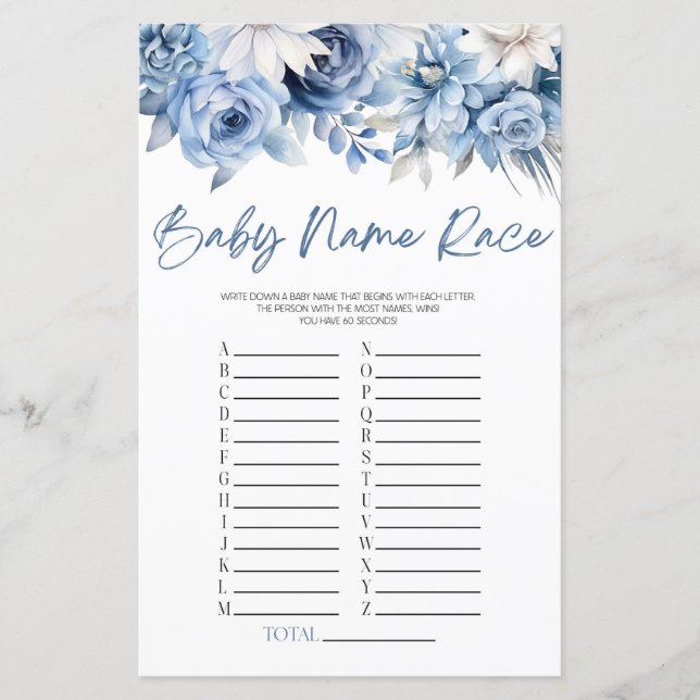 Lámina Dusty Blue Floral Name Race Juego de Baby Shower (Anverso)