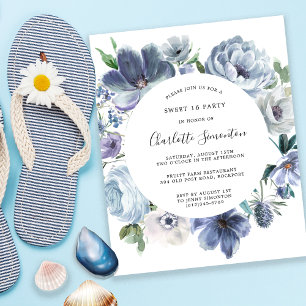 Lámina Dusty Blue Floral Sweet 16 cumpleaños Invite