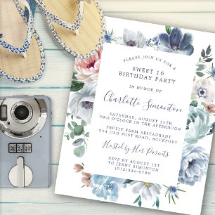Lámina Dusty Blue Floral Sweet 16 Invitación