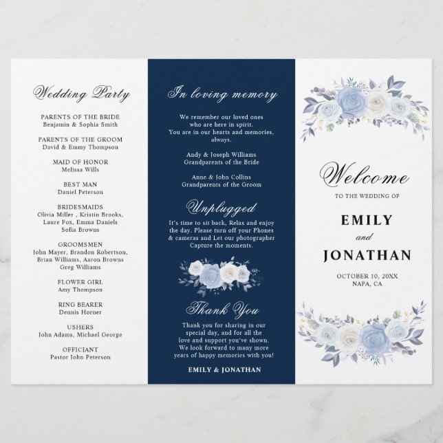 Lámina Dusty Blue Floral Tri Wedding Program (Anverso)