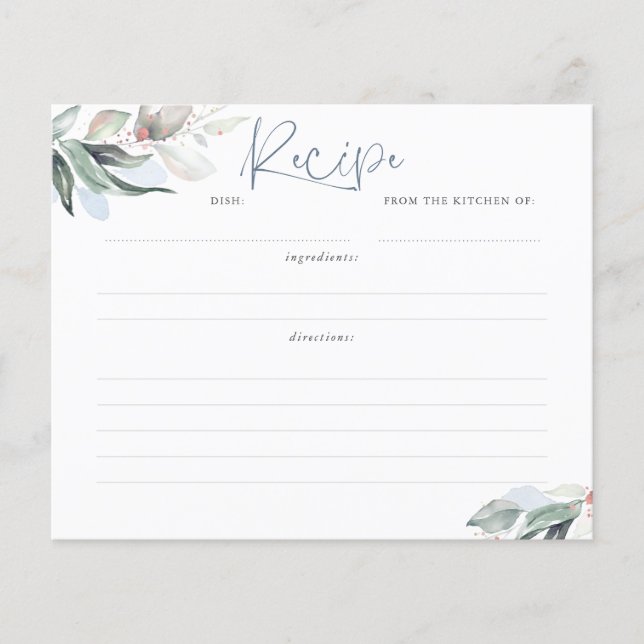 Lámina Dusty Blue Greenery Bridal Shower Recipe Card (Anverso)