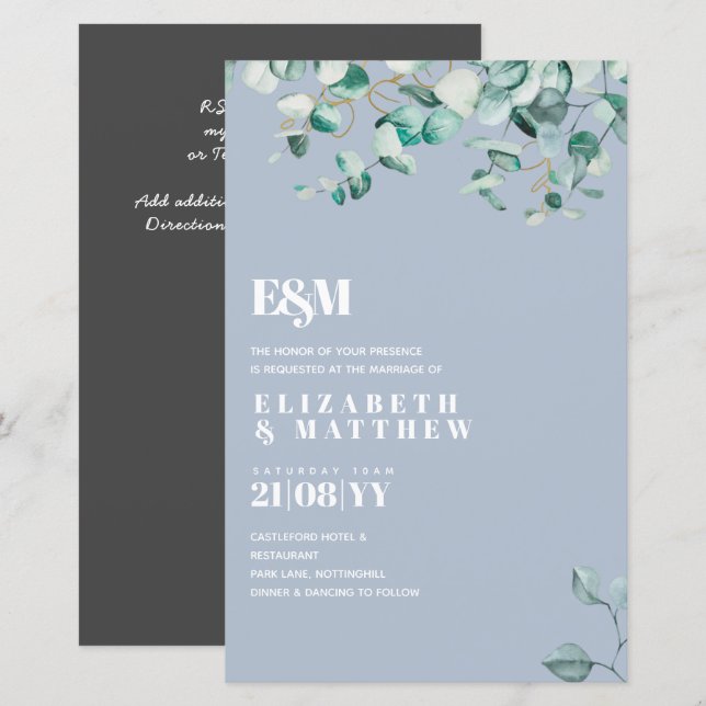 Lámina Dusty Blue Greenery Leafy Budget Wedding Invite (Anverso / Reverso)