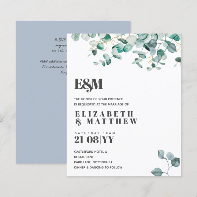 Lámina Dusty Blue Greenery Leafy Budget Wedding Invite (Anverso / Reverso)
