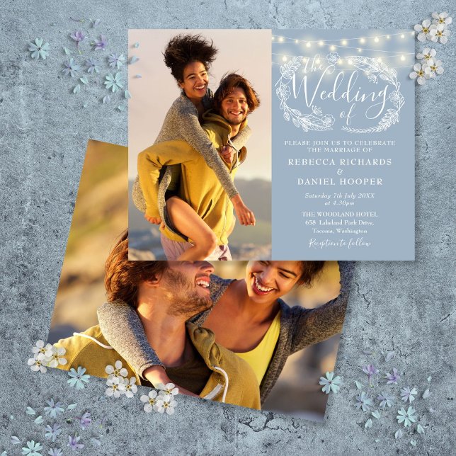 Lámina Dusty Blue Lights presupuesto 2 Invitación a la bo (Budget Dusty Blue Lights 2 Photo Wedding Invite)