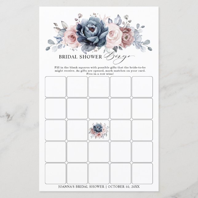 Lámina Dusty Blue Mauve Rosa Bridal Shower Bingo (Anverso)