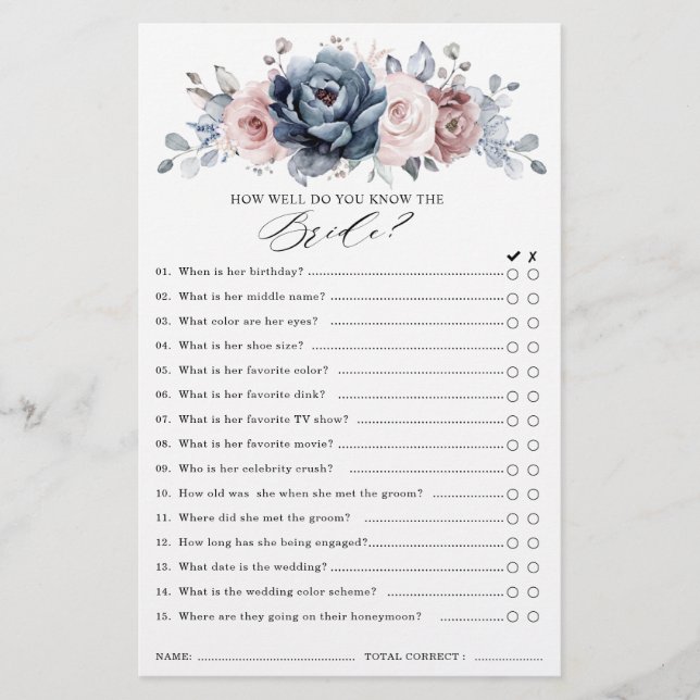 Lámina Dusty Blue Mauve Rosa Slate Bridal Shower Game (Anverso)