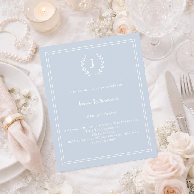 Lámina Dusty blue monogram wreath birthday invitation (Subido por el creador)