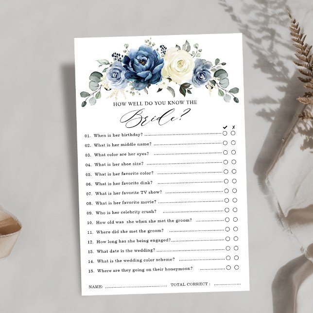 Lámina Dusty Blue Navy Champagne Ivory Bridal Shower Game (Dusty Blue Navy Champagne Ivory Bridal Shower Game how well do you know the bride.)