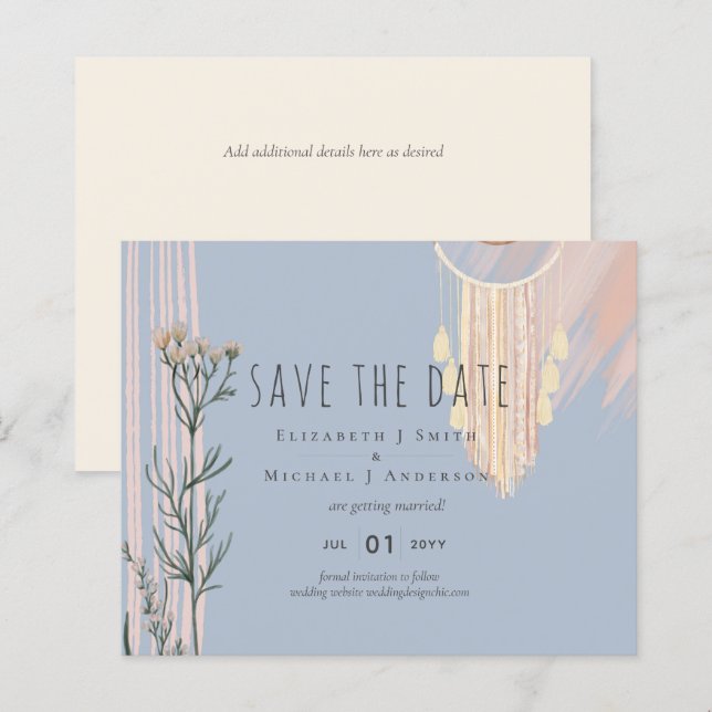 Lámina Dusty Blue Peach BOHO Wedding Save the Dates (Anverso / Reverso)