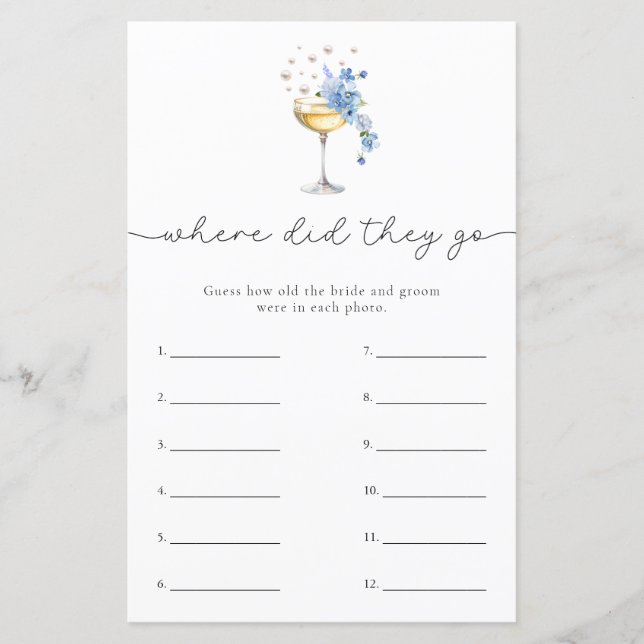Lámina Dusty Blue Pearls y Prosecco Bridal Shower Game (Anverso)