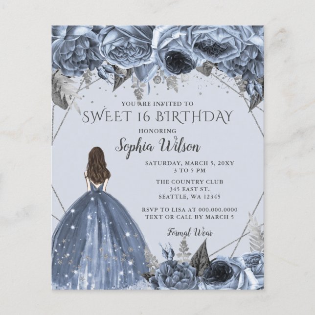 Lámina Dusty Blue Princess Sweet 16 Invitación (Anverso)