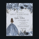 Lámina Dusty Blue Princess Sweet 16 Invitación<br><div class="desc">Elegante presupuesto Plata Floral Dusty Blue Spakle Vestido Dulce 16 Invitación</div>
