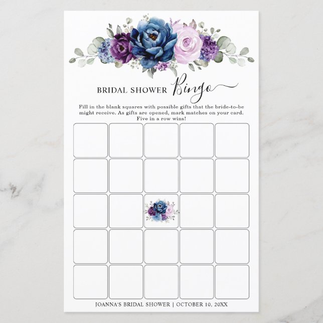 Lámina Dusty Blue Purple Navy Lilac Bridal Shower Bingo (Anverso)