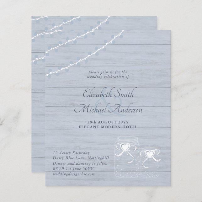 Lámina Dusty Blue Rustic Luces Mason Jar Wedding Invite (Anverso / Reverso)