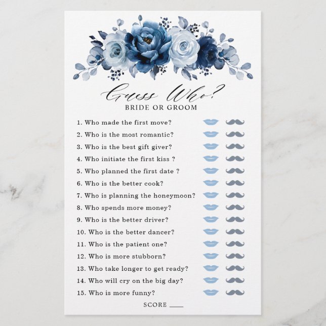 Lámina Dusty Blue Slate Navy Floral Bridal Shower Game (Anverso)
