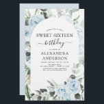 Lámina Dusty Blue Sweet 16 cumpleaños<br><div class="desc">Rosas florales azules y eucalipto de vegetación botánica primavera o verano dulce dieciséis invitaciones de fiesta de cumpleaños - incluye una tipografía de escritura hermosa y elegante con flores botánicas tropicales modernas y vegetación para la celebración especial dulce 16.</div>