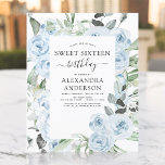 Lámina Dusty Blue Sweet 16 cumpleaños<br><div class="desc">Rosas florales azules y eucalipto de vegetación botánica primavera o verano dulce dieciséis invitaciones de fiesta de cumpleaños - incluye una tipografía de escritura hermosa y elegante con flores botánicas tropicales modernas y vegetación para la celebración especial dulce 16.</div>