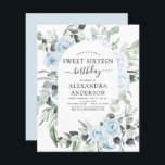Lámina Dusty Blue Sweet 16 cumpleaños<br><div class="desc">Rosas florales azules y eucalipto de vegetación botánica primavera o verano dulce dieciséis invitaciones de fiesta de cumpleaños - incluye una tipografía de escritura hermosa y elegante con flores botánicas tropicales modernas y vegetación para la celebración especial dulce 16.</div>
