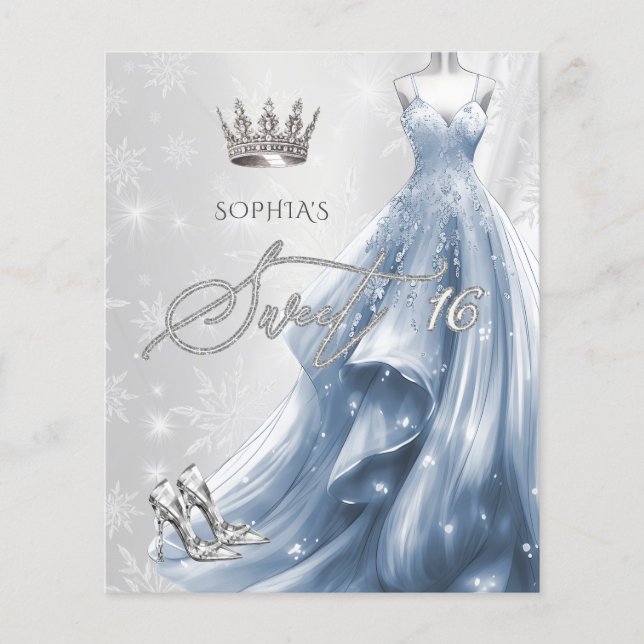 Lámina Dusty Blue Vress Snowflakes Sweet 16 Invitación (Anverso)