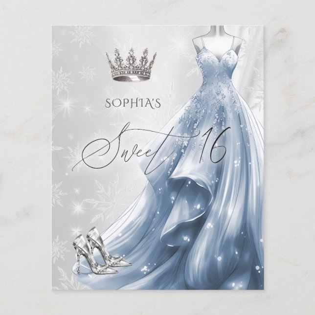 Lámina Dusty Blue Vress Snowflakes Sweet 16 Invitación (Anverso)