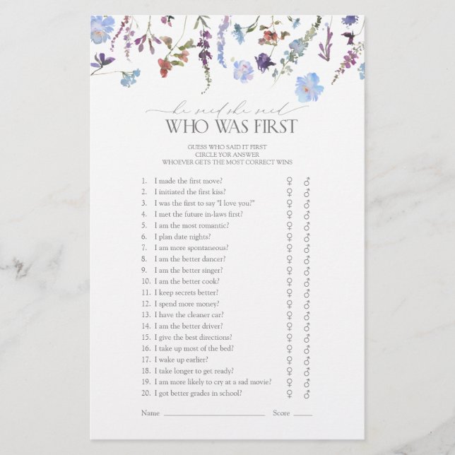 Lámina Dusty Blue Wildflower Bridal Shower Game (Anverso)