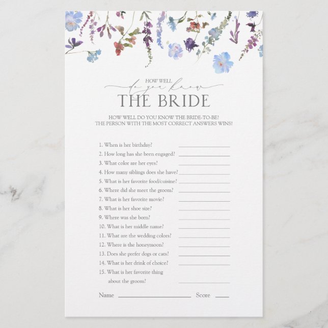 Lámina Dusty Blue Wildflower Bridal Shower Game (Anverso)