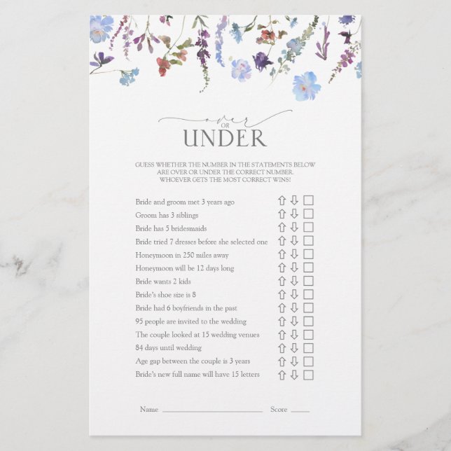 Lámina Dusty Blue Wildflower Bridal Shower Game (Anverso)