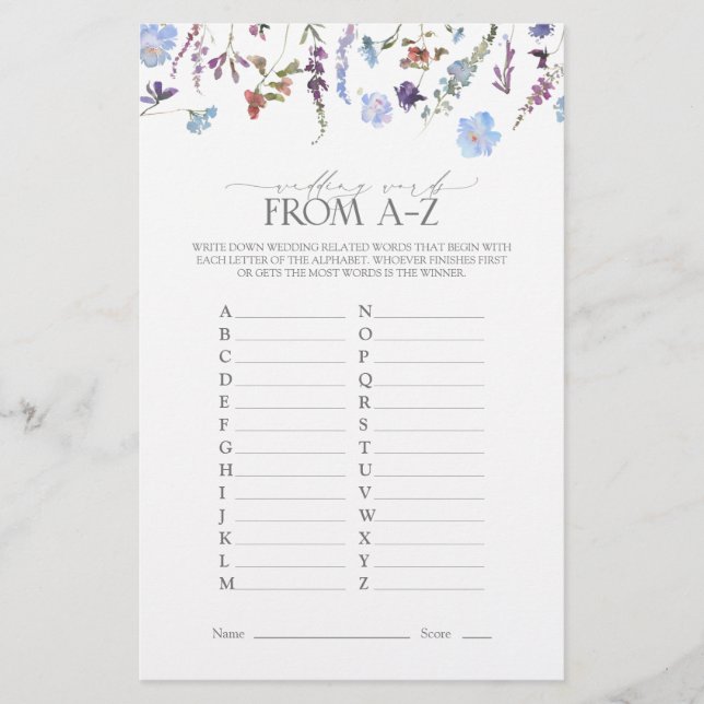 Lámina Dusty Blue Wildflower Bridal Shower Game (Anverso)