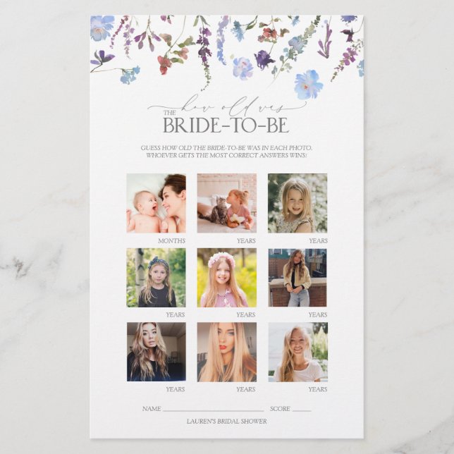 Lámina Dusty Blue Wildflower Bridal Shower Game (Anverso)