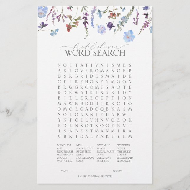 Lámina Dusty Blue Wildflower Bridal Shower Game (Anverso)