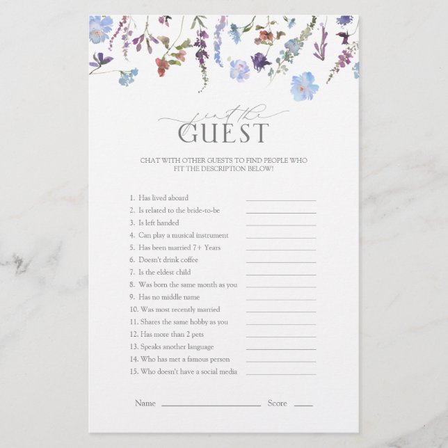 Lámina Dusty Blue Wildflower Bridal Shower Game (Anverso)
