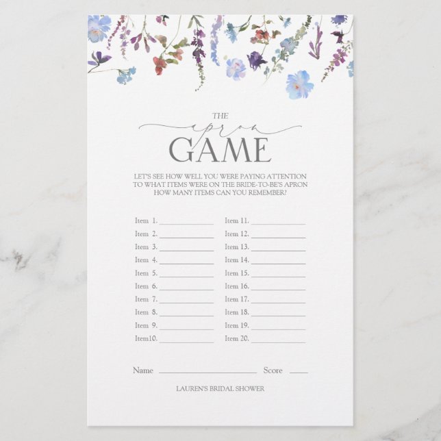 Lámina Dusty Blue Wildflower Bridal Shower Game (Anverso)