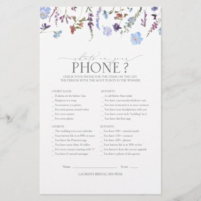 Lámina Dusty Blue Wildflower Bridal Shower Game (Anverso)