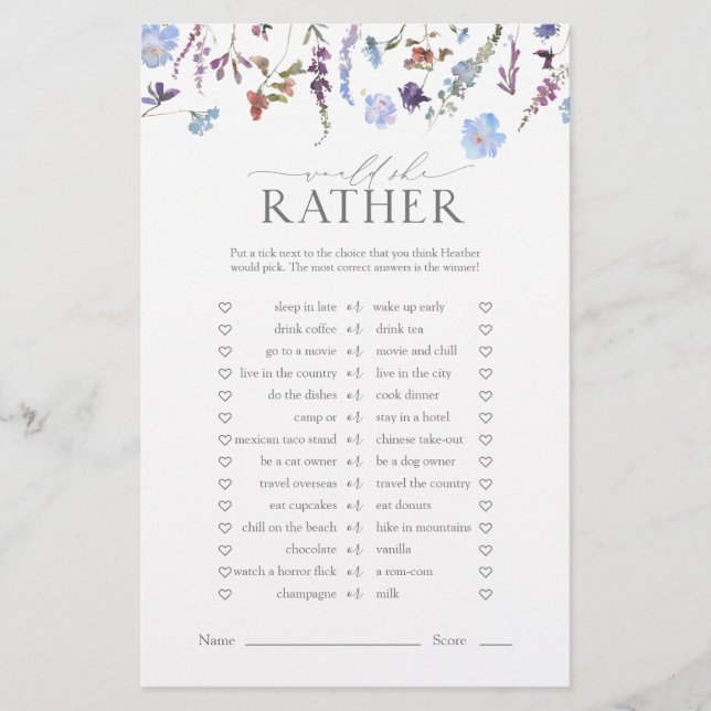 Lámina Dusty Blue Wildflower Bridal Shower Game (Anverso)