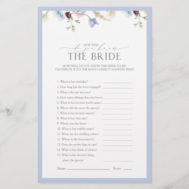 Lámina Dusty Blue Wildflower Bridal Shower Game (Anverso)