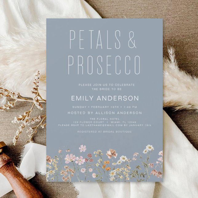 Lámina Dusty Blue Wildflower Petals & Prosecco Invitación (Subido por el creador)