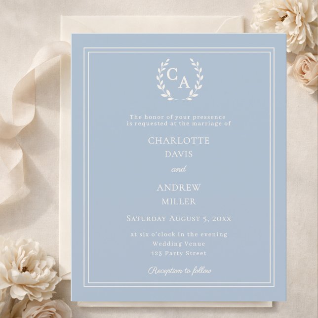 Lámina Dusty blue wreath monogram wedding invitation (Subido por el creador)