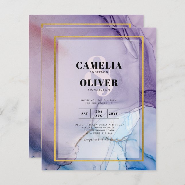 Lámina Dusty Purple Navy Blue Gold INVITE Boda (Anverso / Reverso)