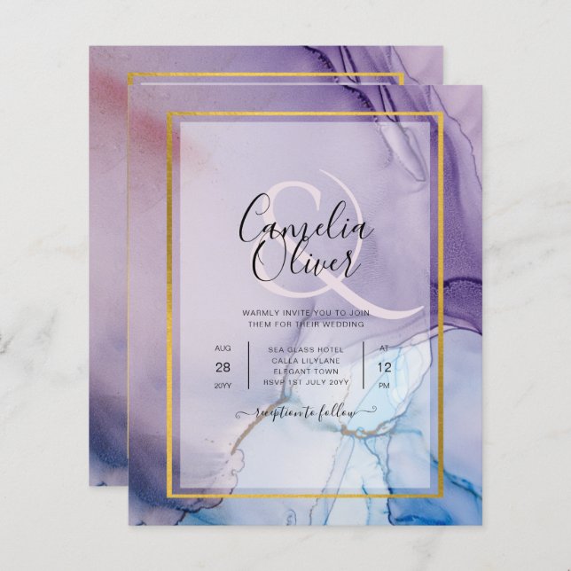 Lámina Dusty Purple Navy Blue Gold INVITE Boda (Anverso / Reverso)