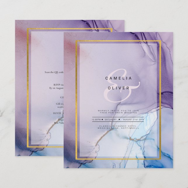 Lámina Dusty Purple Navy Blue Gold INVITE Boda (Anverso / Reverso)