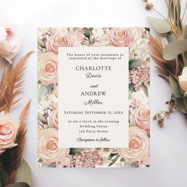 Lámina Dusty rose mauve ivory florals wedding invitation (Subido por el creador)