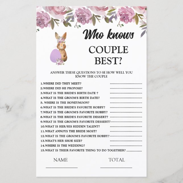 Lámina Easter Who knows Couple  Baby Shower Game (Anverso)