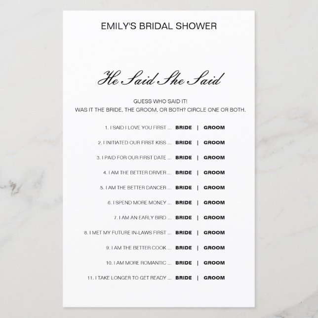 Lámina Editable Dijo Que Dijo Juego De Ducha De Boda (Anverso)