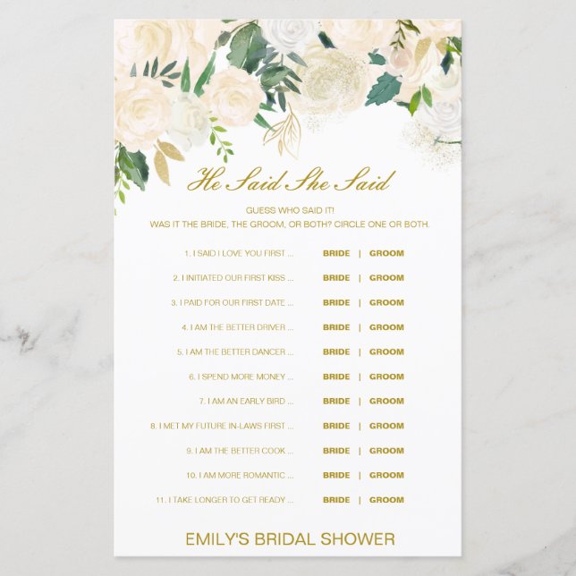 Lámina Editable Dijo Que Dijo Juego De Ducha De Boda (Anverso)