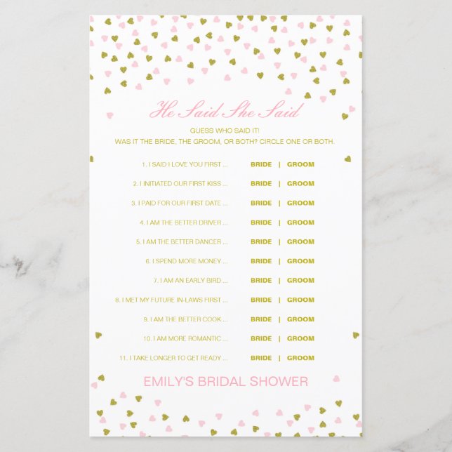 Lámina Editable Dijo Que Dijo Juego De Ducha De Boda (Anverso)