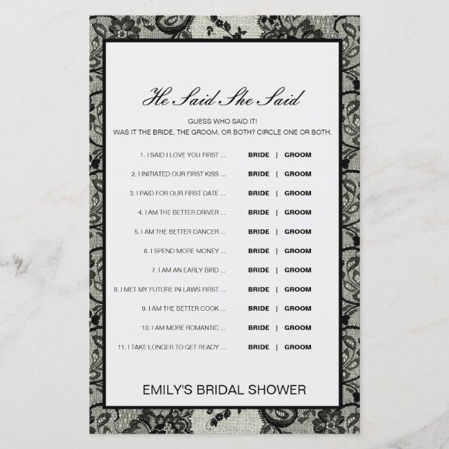 Lámina Editable Dijo Que Dijo Juego De Ducha De Boda (Anverso)